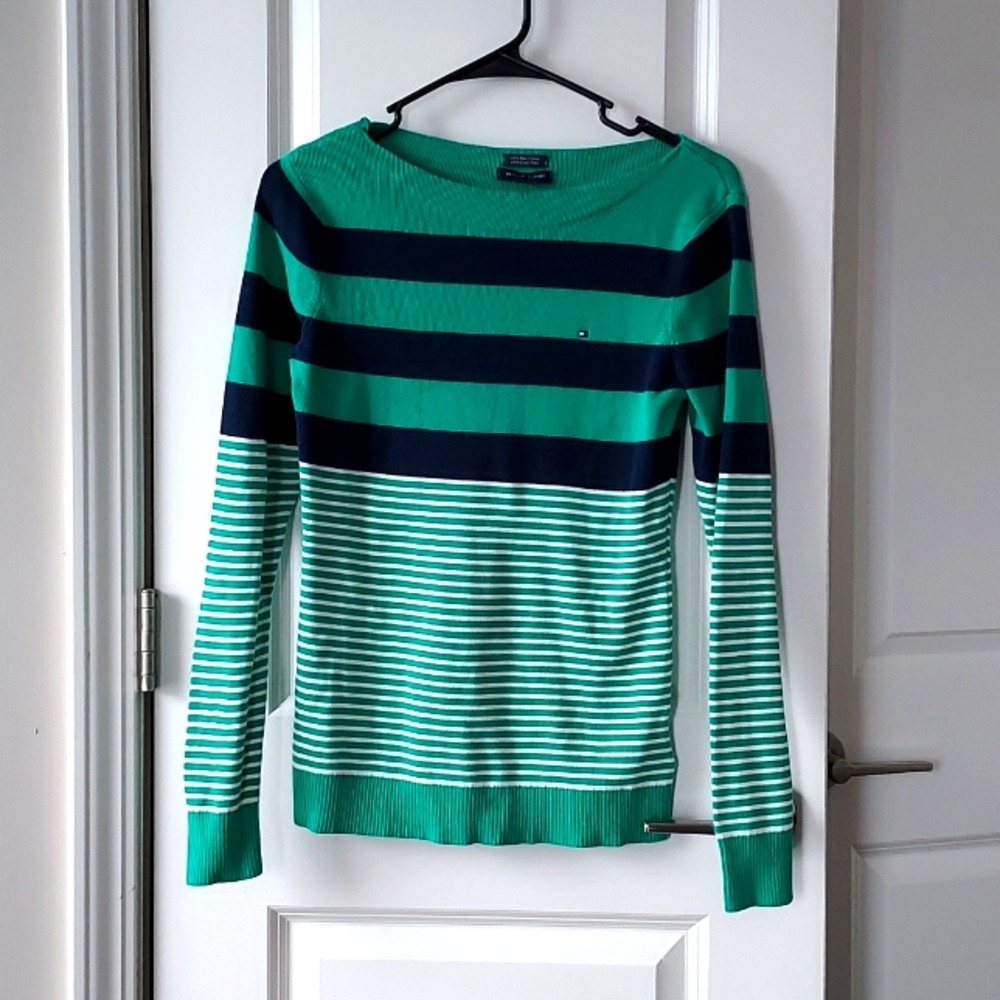 Tommy Hilfiger long sleeve top sweater blue green white medium